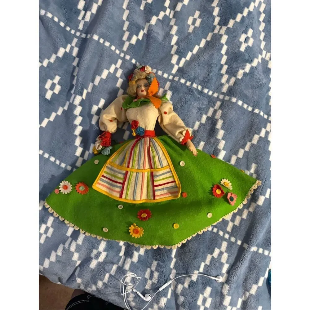 Vintage Lucianda Argentina Folk Art Doll Floral Felt Dress Handmade Souvenir
